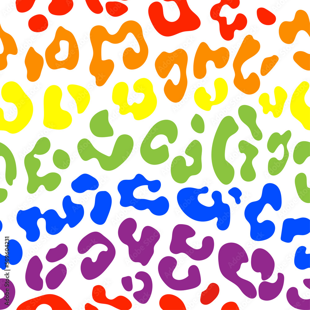 Leopard pattern design in rainbow colors - funny drawing seamless ocelot pattern. Lettering poster or t-shirt textile graphic design. wallpaper, wrapping paper. Happy pride month! Leopard pattern design in rainbow colors - funny drawing seamless ocelot pattern. Lettering poster or t-shirt textile graphic design. wallpaper, wrapping paper. Happy pride month!