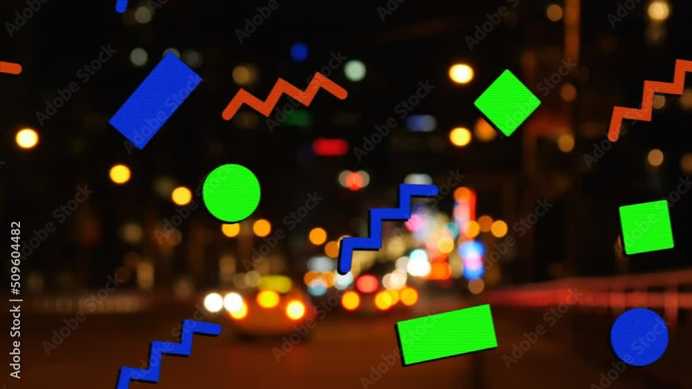 Animation of diverse geometrical shapes moving over blurred night cityscape Animation of diverse geometrical shapes moving over blurred night cityscape