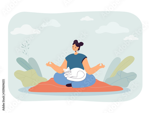 Cartoon girl meditating with sleeping cat on lap. Woman sitting in lotus position flat vector illustration. Pet therapy, meditation, wellness concept for banner, website design or landing web page