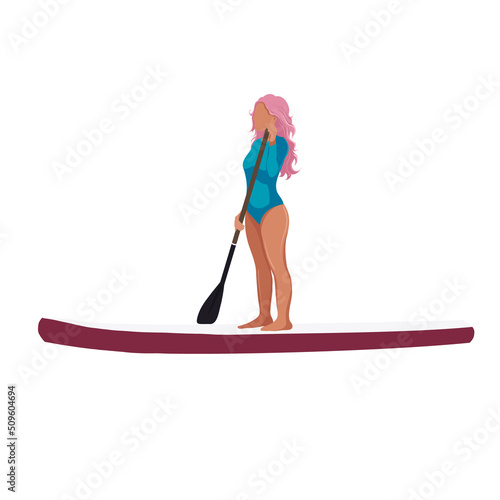 Sup surfer girl on paddle board. Woman with paddle, cartoon flat vector illustration