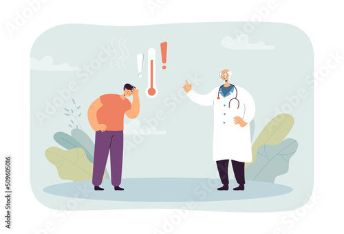 Cartoon doctor giving advice to patient with high temperature. Medical recommendation during hot weather flat vector illustration. Health, summer concept for banner, website design or landing web page