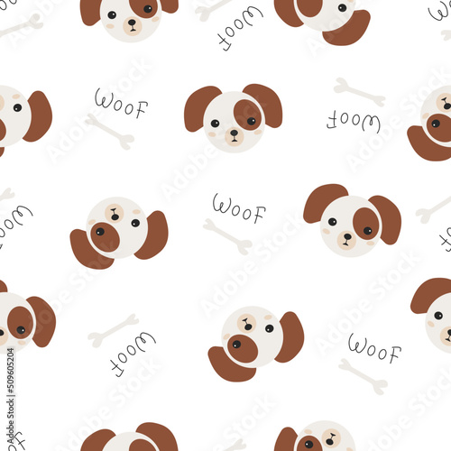 Cute puppy dog seamless pattern. Funny animals white background. Hand drawn baby print. Kids design for textiles, textures, wallpapers, fabrics. Cartoon dog.
