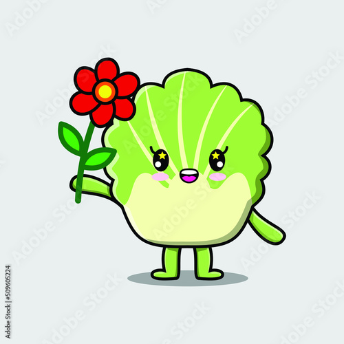 Cute cartoon chinese cabbage character holding red flower in concept 3d cartoon style
