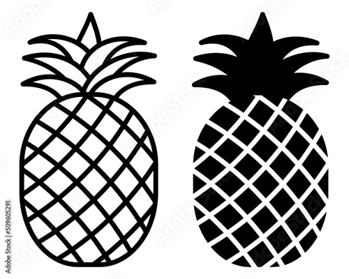 Pineaple outline and silhouette icon set. Ananas vector illustration isolated on white background. Tropical fruit.