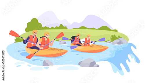 Cartoon people in kayaks in front of waterfall. Characters kayaking or rafting on river flat vector illustration. Water sports, active lifestyle concept for banner, website design or landing web page