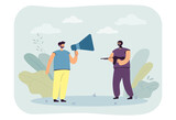 Military attack on man with megaphone. Male character in yellow blue clothes holding loudspeaker flat vector illustration. Announcement, news concept for banner, website design or landing web page