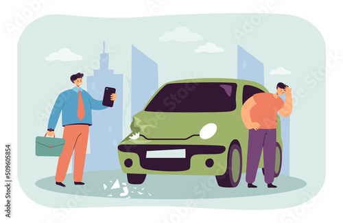 Insurance agent and driver standing near damaged car. Shocked car owner, dented transport flat vector illustration. Car insurance concept for banner, website design or landing web page
