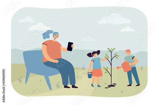 Cartoon mother sitting on bench and children watering tree. Boy and girl planting tree, woman resting with phone flat vector illustration. Spring, gardening, family concept for banner, website design