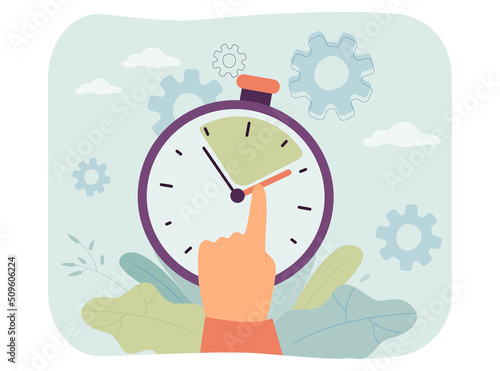 Finger moving hand of timer to control time interval. Man organizing work with stopwatch flat vector illustration. Punctuality, deadline concept for banner, website design or landing web page