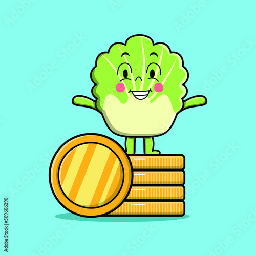 Cute cartoon chinese cabbage character standing in stacked gold coin vector illustration in concept 3d cartoon style