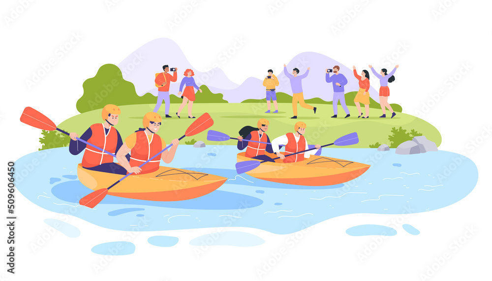 Cartoon people on river bank watching kayak race. Persons with paddles in boats kayaking or rafting, racing on boats flat vector illustration. Water sports, competition, active lifestyle concept Cartoon people on river bank watching kayak race. Persons with paddles in boats kayaking or rafting, racing on boats flat vector illustration. Water sports, competition, active lifestyle concept