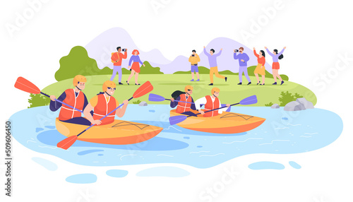 Cartoon people on river bank watching kayak race. Persons with paddles in boats kayaking or rafting, racing on boats flat vector illustration. Water sports, competition, active lifestyle concept