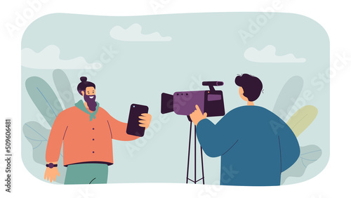 Professional videographer recording male bloggers performance. Man holding mobile phone flat vector illustration. News, blog in social media concept for banner, website design or landing web page