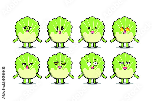 Set kawaii chinese cabbage cartoon character with different expressions of cartoon face vector illustrations