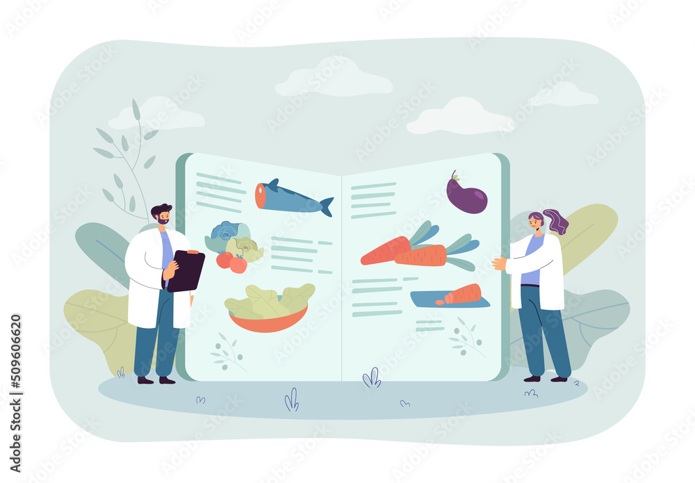 Tiny dieticians standing near giant food recipe book. Man and woman offering healthy meal flat vector illustration. Cookbook, culinary, diet concept for banner, website design or landing web page