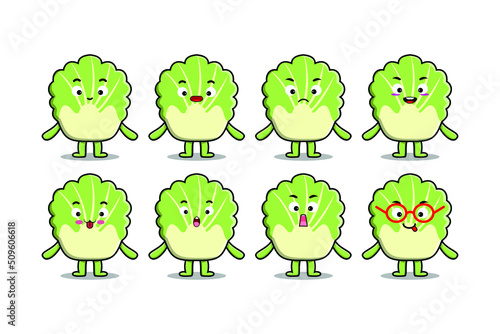 Set kawaii chinese cabbage cartoon character with different expressions of cartoon face vector illustrations