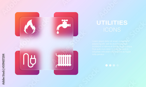 Household utilities gradient blur icon set. Public housing services, water, electricity, gas and heating symbols in glassmorphism style. Vector EPS 10