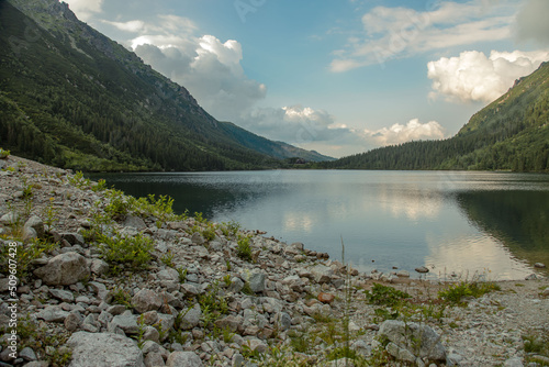 view of a mountain lake Morskie Oko. Tatra National Park. Poland. Europe. Mountain hiking. Concept of journey, travel lifestyle, harmony with nature.