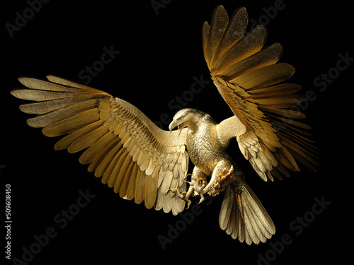 Statue of a golden eagle spreading its wings. Side view. 3D illustration.