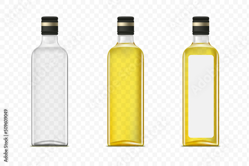 Glass mockup bottles with olive oil.