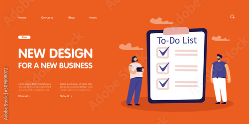 Team of tiny people working on to do list with checkmarks. Man and woman planning business tasks flat vector illustration. Plan, organization concept for banner, website design or landing web page