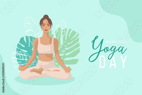 Yoga Day banner with woman in lotus pose.