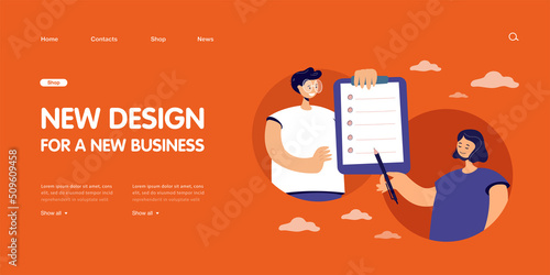 Tiny person with questionnaire offering to fill in it to woman. Man holding clipboard with checklist flat vector illustration. Completing form concept for banner, website design, landing web page