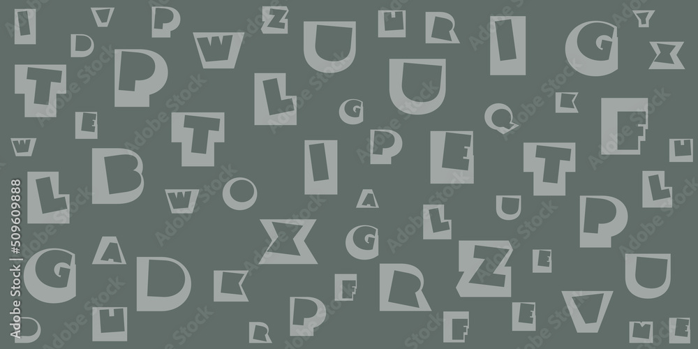 Various Black and White Randomly Placed, Sized and Oriented Art Deco Style Bold Letters Pattern - Texture on Dark Wide Scale Background, Design Element for Web or Book Covers in Editable Vector Format