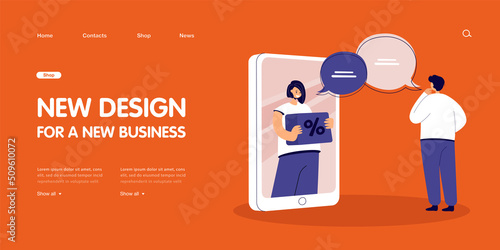 Shop assistant on big phone screen offering discount to customer. Man talking to seller via phone flat vector illustration. Marketing, advertising, sale, technology concept for banner, website design