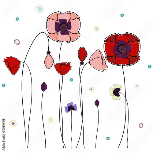 Horizontal arts background with red and pink stylized poppies and abstract flowers. Hand drawn vector floral pattern illustration