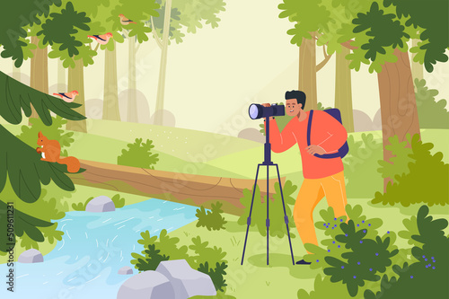 Man with professional camera taking photo of squirrel in forest. Photographer in park watching animals flat vector illustration. Photography, nature concept for banner, website design or landing page