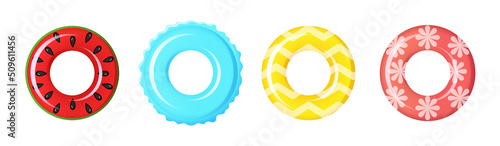 Set of swimming rings for summer party . Inflatable rubber toy colorful collection. Kiwi, waves. Top view swimming circle for ocean, sea, pool. Lifebyou swimming rings. Summer vacation or trip safety