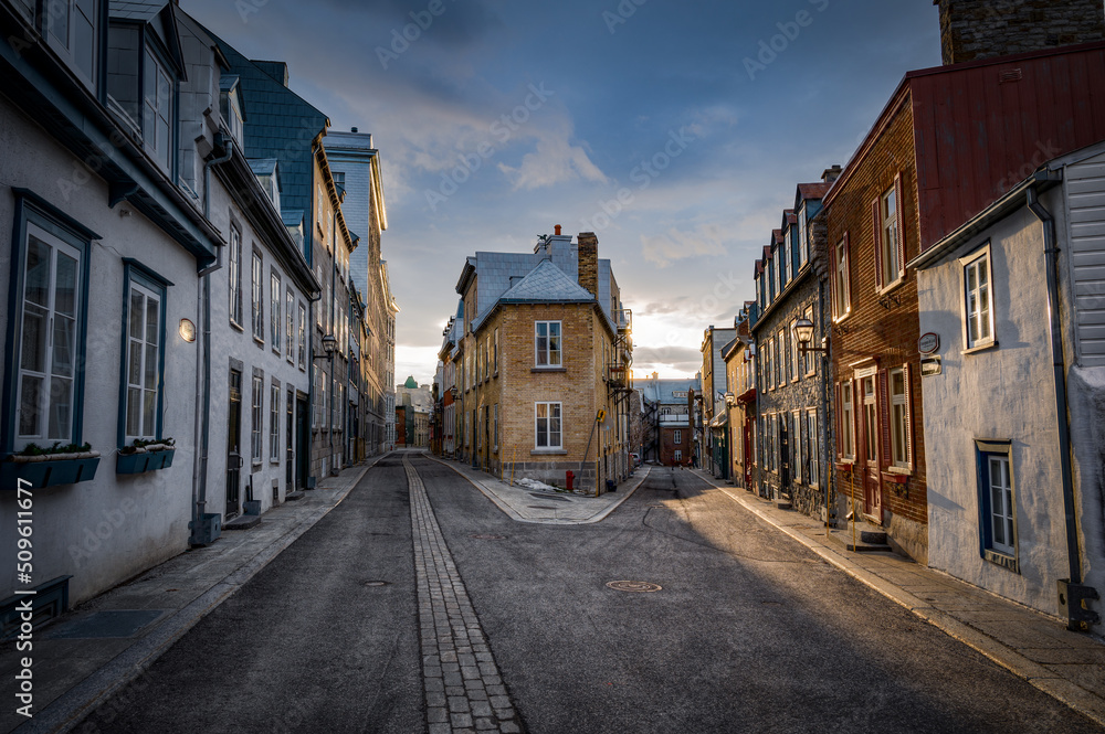 Beautiful intersection of two narrow alleys under the dusk, Quebec Old town, QC, Canada