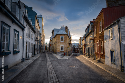Beautiful intersection of two narrow alleys under the dusk, Quebec Old town, QC, Canada © David