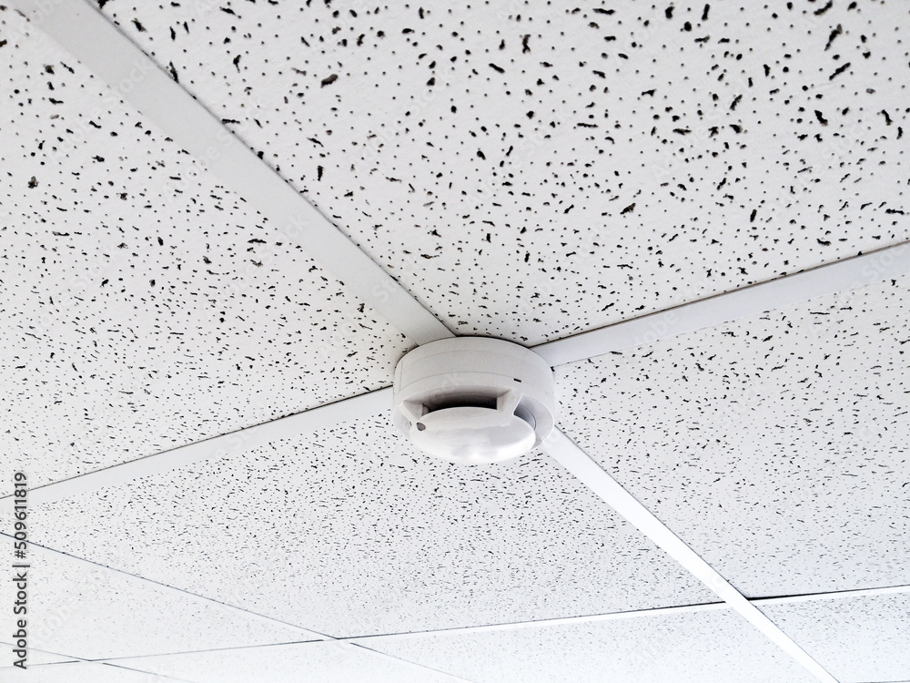 Smoke sensor on the ceiling in the office room. Fire alarm element. Workspace security.