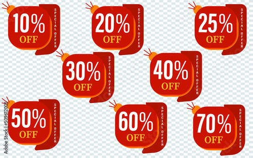10,20,25,30,40,50,60,70 Percentage Special offer sale red tag. This is the concept of the price list for discounts