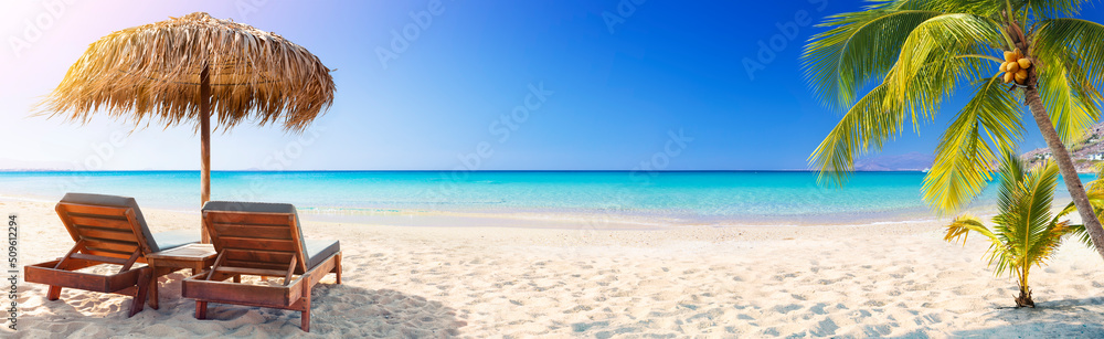 Tropical Beach - Chairs And Palm Trees On Coral Sand With Blue Ocean - Summer Vacation
