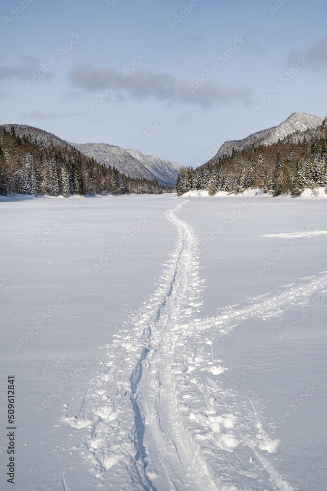 Obraz premium Cross-country skiing tracks that leads to the valley during a cold winter day, Jacques-Cartier river national park, QC, Canada