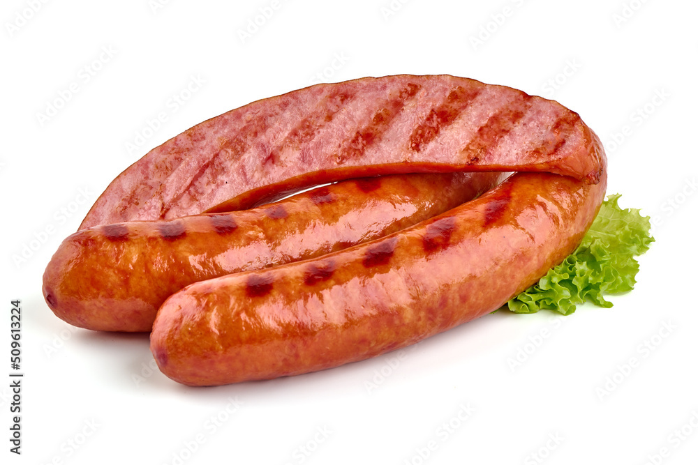 Grilled bavarian sausages, isolated on white background. Grilled bavarian sausages, isolated on white background.
