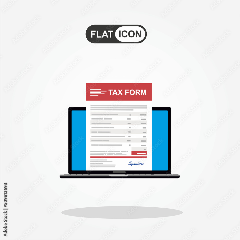 Laptop with online tax form. Online digital invoice laptop or notebook with bills, flat design illustration. Laptop with online tax form. Online digital invoice laptop or notebook with bills, flat design illustration.