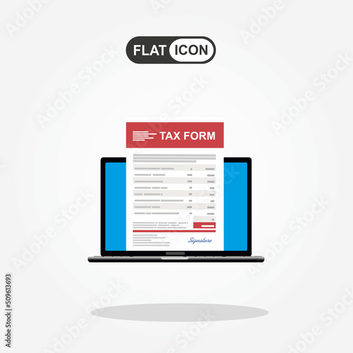 Laptop with online tax form. Online digital invoice laptop or notebook with bills, flat design illustration.