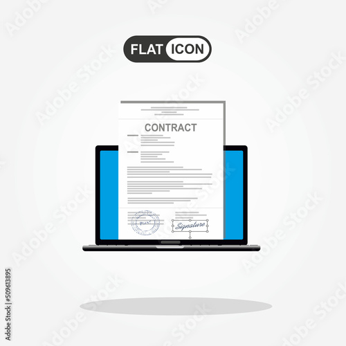Online electronic documents on laptop vector illustration, flat cartoon paper document with signature on computer screen, concept of digital or internet office, on-line deal, web paperwork 