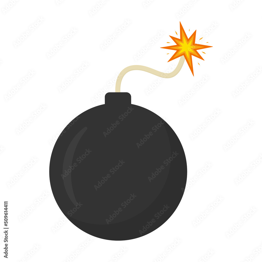Bomb with burning wick. Dynamite ball weapon flat element. Boom effect. Vector isolated on white. Bomb with burning wick. Dynamite ball weapon flat element. Boom effect. Vector isolated on white.