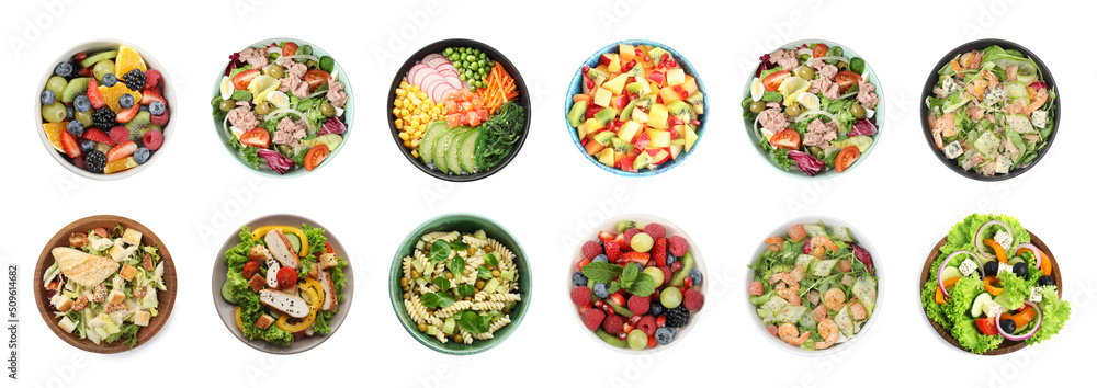 Set with different tasty salads on white background, top view. Banner design Set with different tasty salads on white background, top view. Banner design