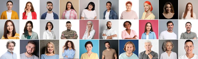 Collage with photos of attractive people on different color backgrounds. Banner design