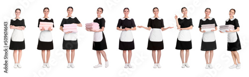 Foto Collage with photos of young chambermaid in uniform on white background