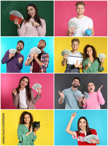 Collage with photos of happy people holding money on different color backgrounds