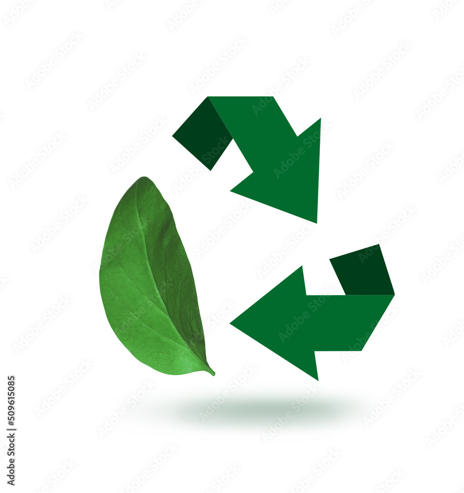 Obraz premium Recycling symbol made of arrows and green leaf on white background