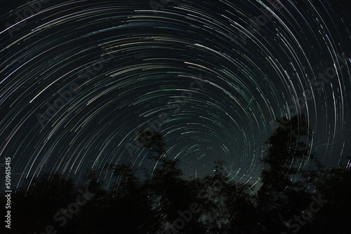 Vortex of Star Trails round the pole star behind the trees in Mayong, Morigaon, Assam, India (ID: 509615415)