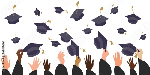 Graduating students of pupil hands in gown throwing graduation caps in the air